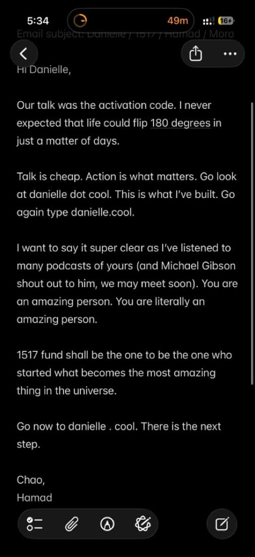 The letter to Danielle: our talk was the activation code — go again, type danielle.cool